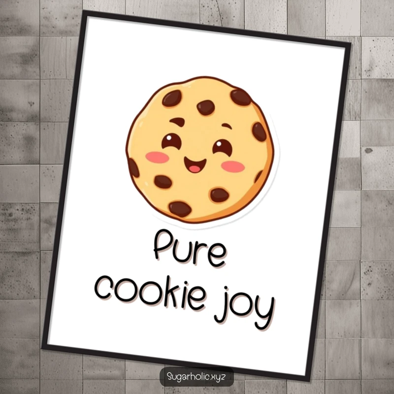 Funny poster of a cheerful chocolate chip cookie character, smiling warmly and melting with pure happiness.