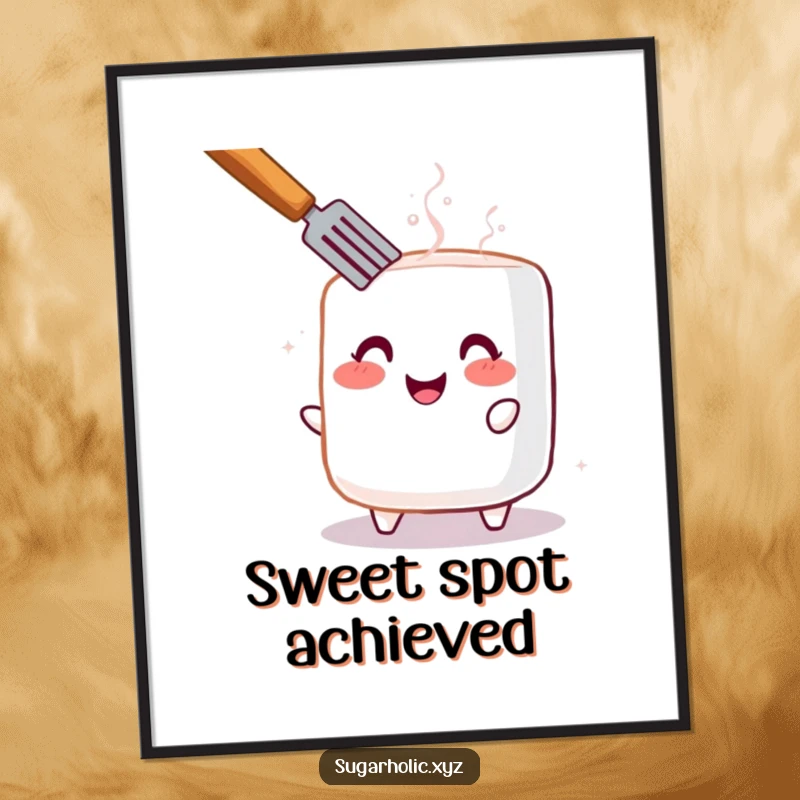 Funny poster featuring a blushing marshmallow being toasted, creating a warm, cheerful, and inviting atmosphere.