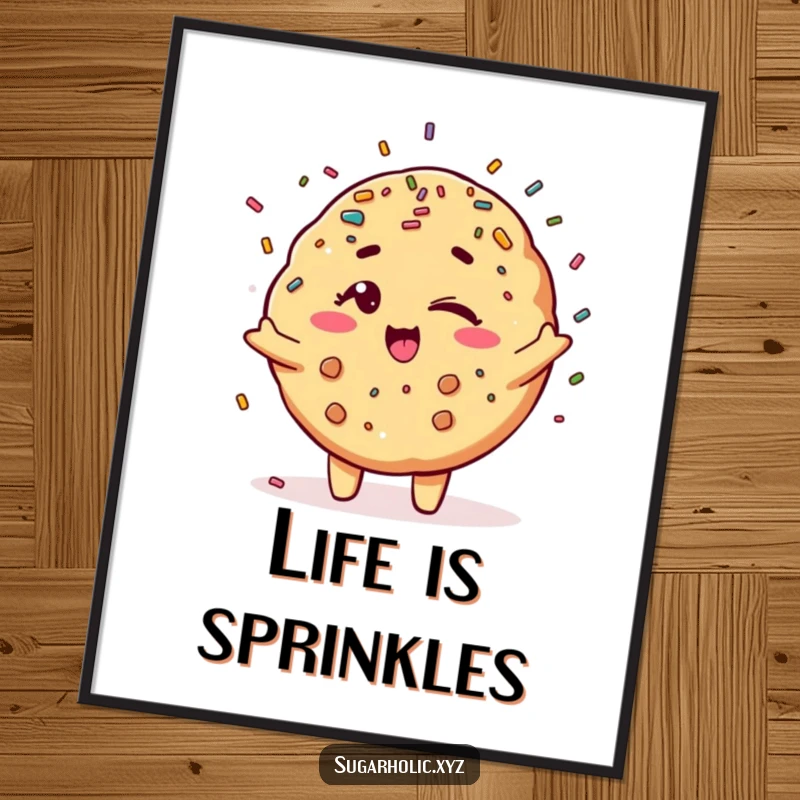 Funny winking cookie character showering sprinkles, an eye-catching and humorous poster for vibrant decor.