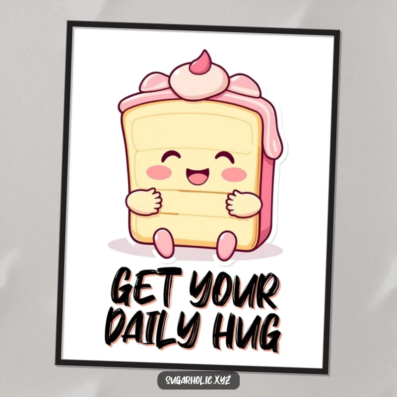 Funny poster of a smiling cake slice with frosting, giving a big hug, creating a sweet and cheerful atmosphere.