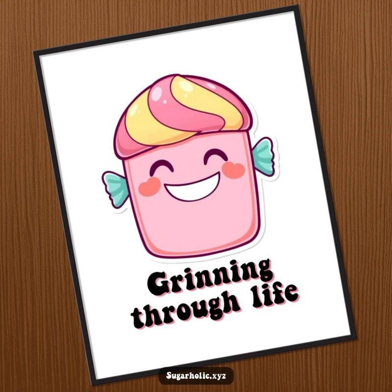 Funny candy bar poster depicting a cheerful character with a wide, sweet grin, a whimsical and sweet wall decoration.