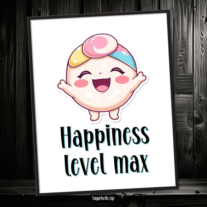 Funny poster of a happy candy character with a delighted expression, bursting with radiant and contagious joy.