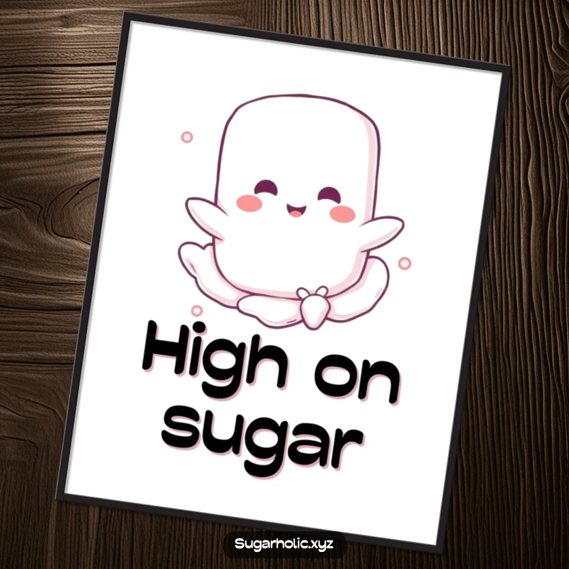 Funny poster featuring a happy marshmallow character drifting effortlessly on a sugary breeze, creating a whimsical and sweet piece of wall art.