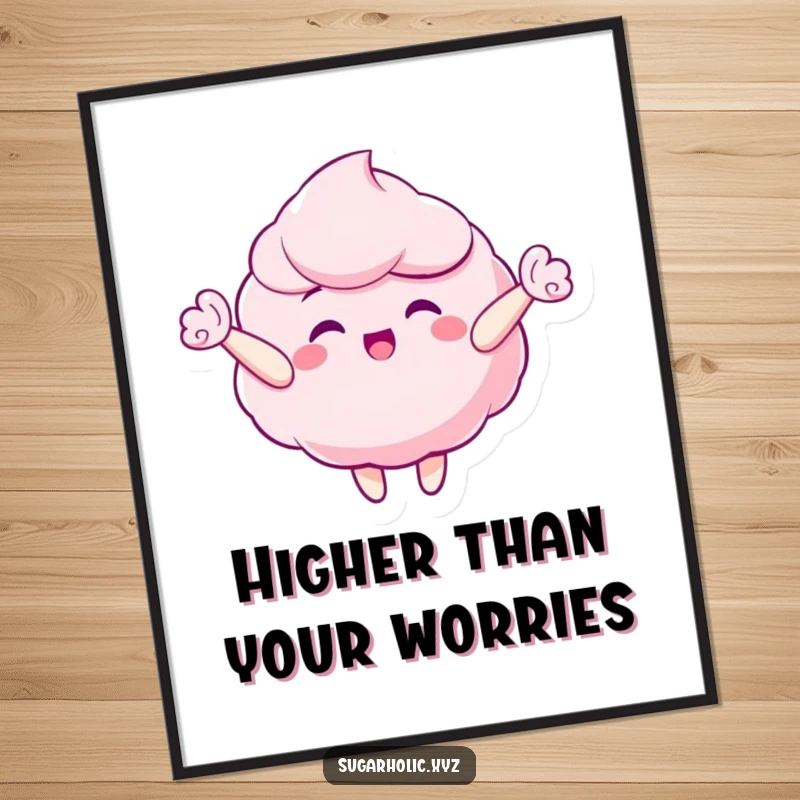 Funny poster featuring a gleeful candy floss character joyfully floating upwards, adding whimsical cheer to any room.
