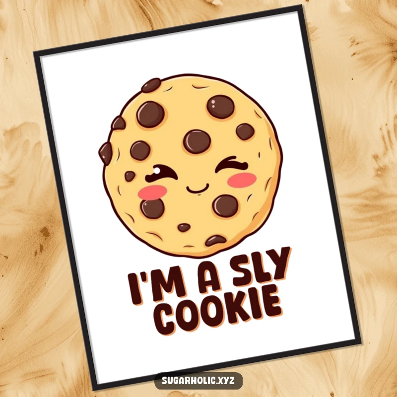 Funny winking cookie poster showing a delighted chocolate chip cookie giving a mischievous wink, bringing playful charm and sweet delight to any room.