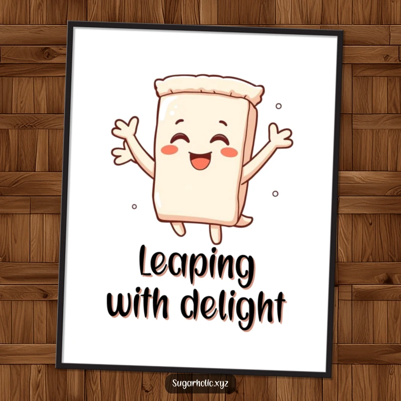 Funny poster of a smiling sugar packet character leaping high with pure delight, capturing a moment of sweet exhilaration.