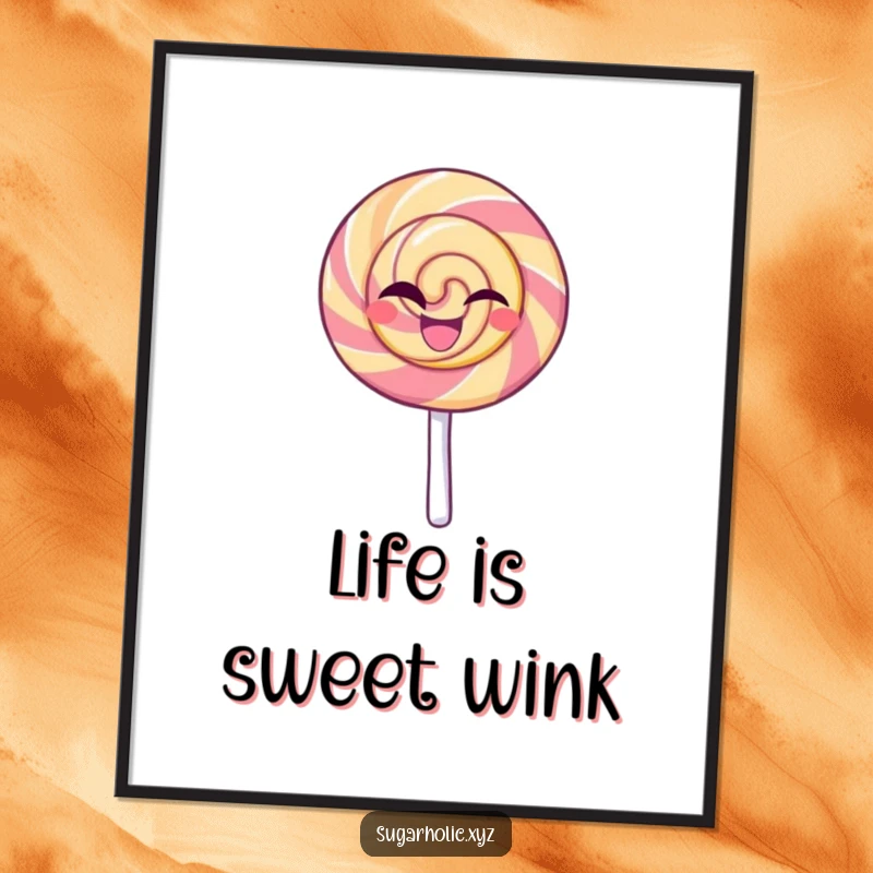 Funny poster print of a beaming lollipop character giving a confident wink, adding a touch of sweetness and playful sophistication to decor.
