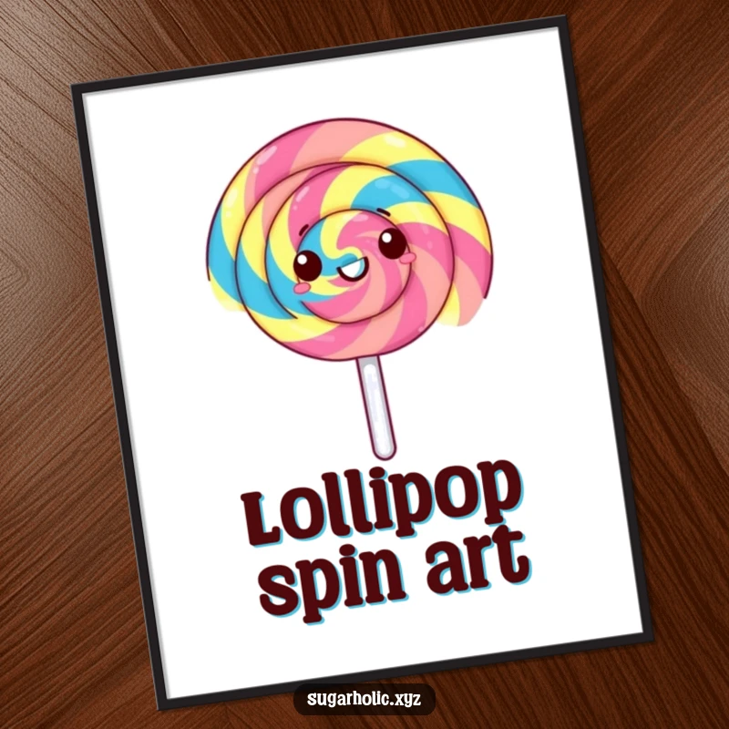 Funny lollipop poster art of a gleeful, rainbow-striped lollipop spinning rapidly. Vibrant, humorous, and eye-catching wall decor.