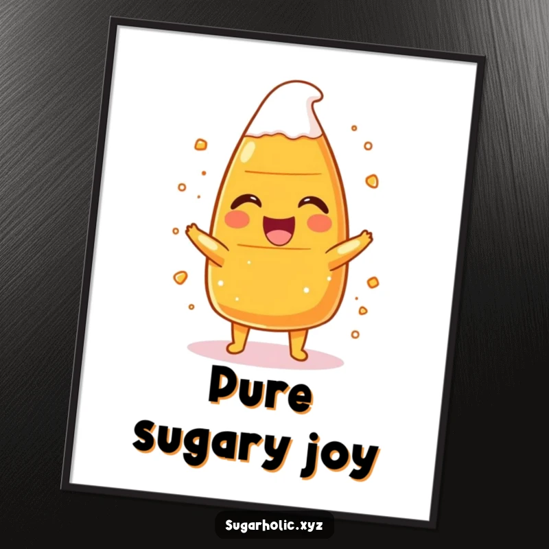 Funny candy corn character captured in a moment of pure laughter, dusted with sugar, as a humorous wall art poster.