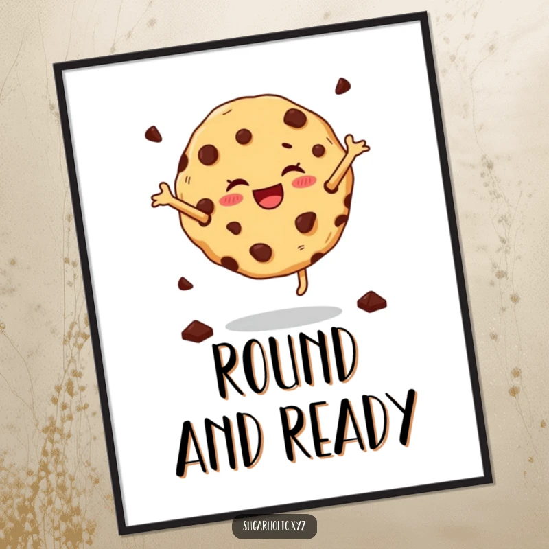 Funny cartwheeling cookie poster showing a joyful cookie with chocolate chips mid-cartwheel, a vibrant and humorous piece.