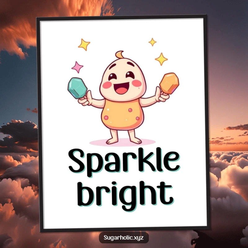 Funny candy character juggling sparkling rock candies, designed as a vibrant and humorous wall art print.