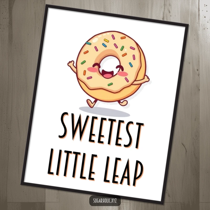 Funny donut poster with a smiling face and sprinkles, depicted mid-hop, a cheerful and whimsical wall decoration.