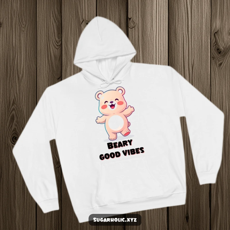 Funny Hoodie depicting a joyful gummy bear character performing a happy dance, embodying warmth, comfort, and infectious dance moves.