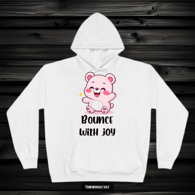 Funny hoodie design featuring a grinning gummy bear bouncing with energy, symbolizing pure joy and a playful, active lifestyle.