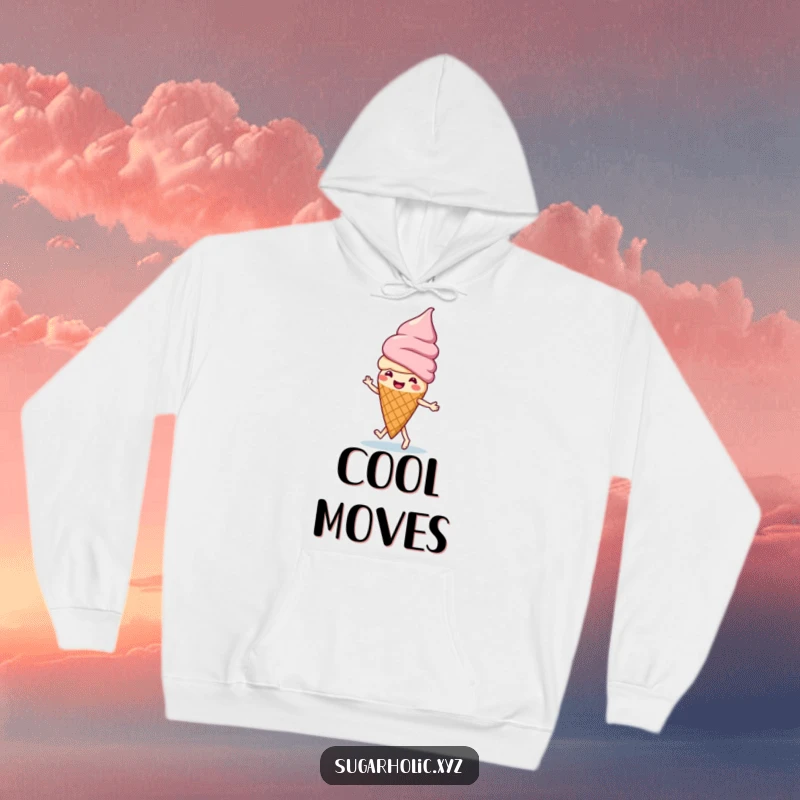 Funny playful ice cream cone doing a happy jig, featured on a warm, comfortable hoodie for humorous style.