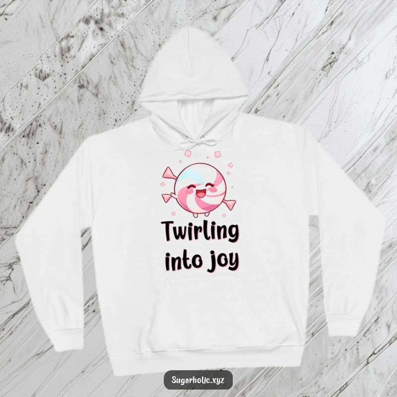 Funny hoodie with a delighted candy twirling joyfully in sweet crystals, perfect for lovers of sweets.