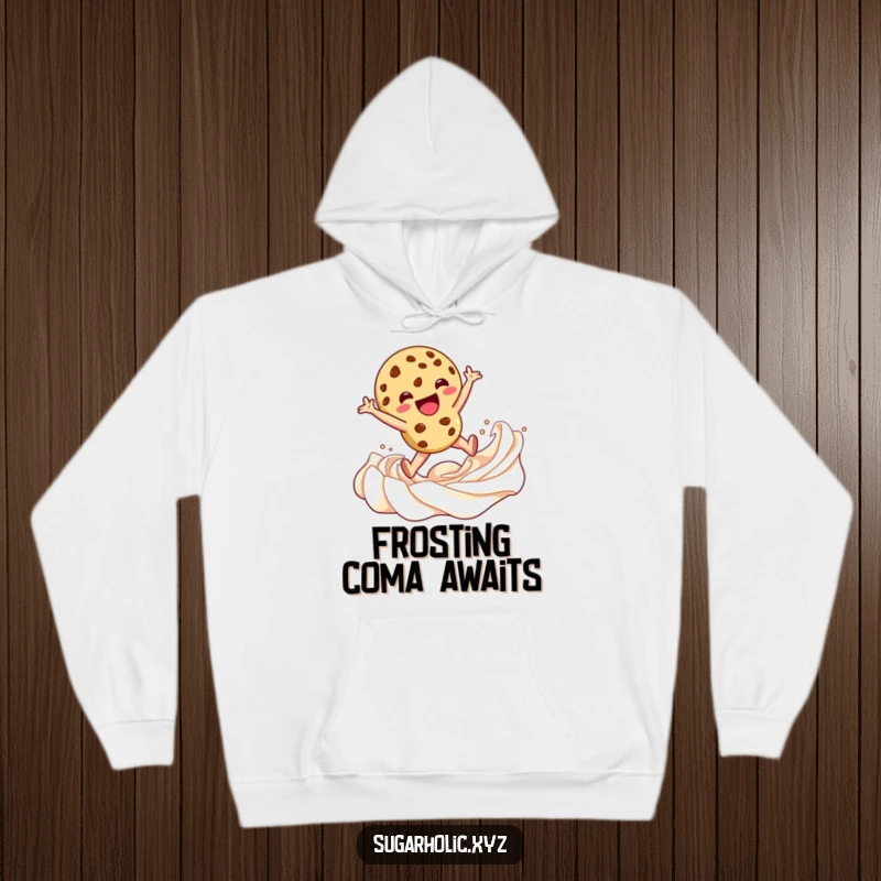Funny Hoodie depicting a happy cookie character leaping headfirst into a rich swirl of frosting, embodying cozy sweetness and playful abandon.