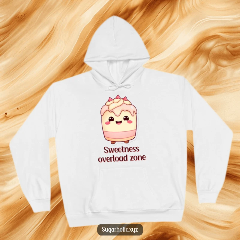Funny Hoodie: A plump cake character with a delighted expression and dripping frosting, perfect for comfort.