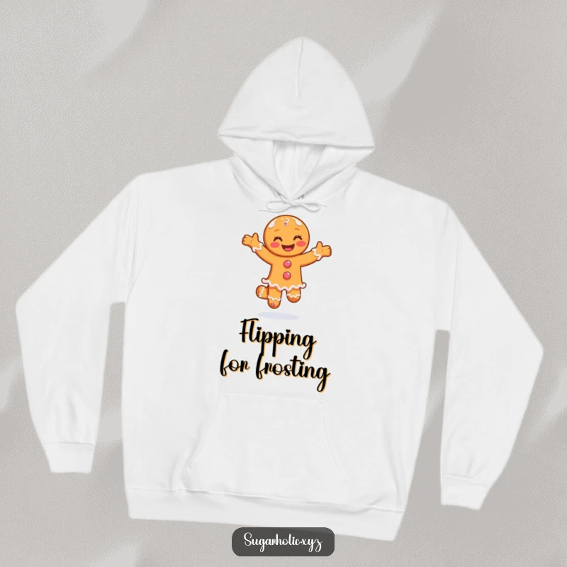 Funny hoodie featuring a smiling gingerbread man doing a joyful pirouette in sugar, warm and festive.