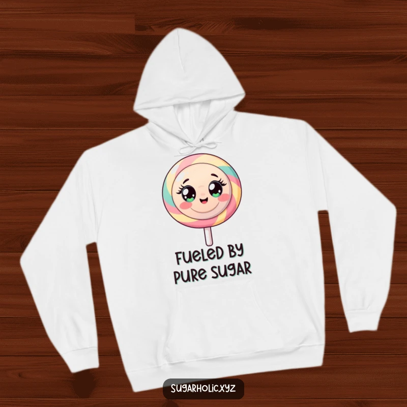 Funny hoodie with a round lollipop character, wide-eyed and radiating infectious sugary energy.