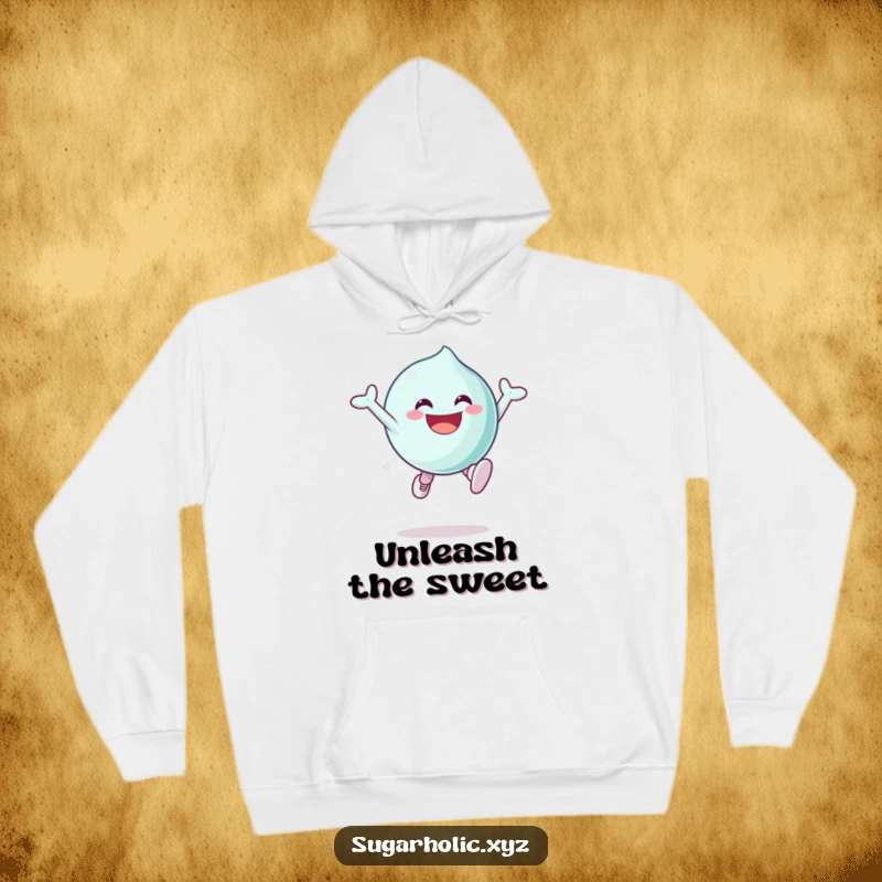 Funny Hoodie with a grinning candy character in a joyful leap, symbolizing pure sugary excitement and cozy comfort.