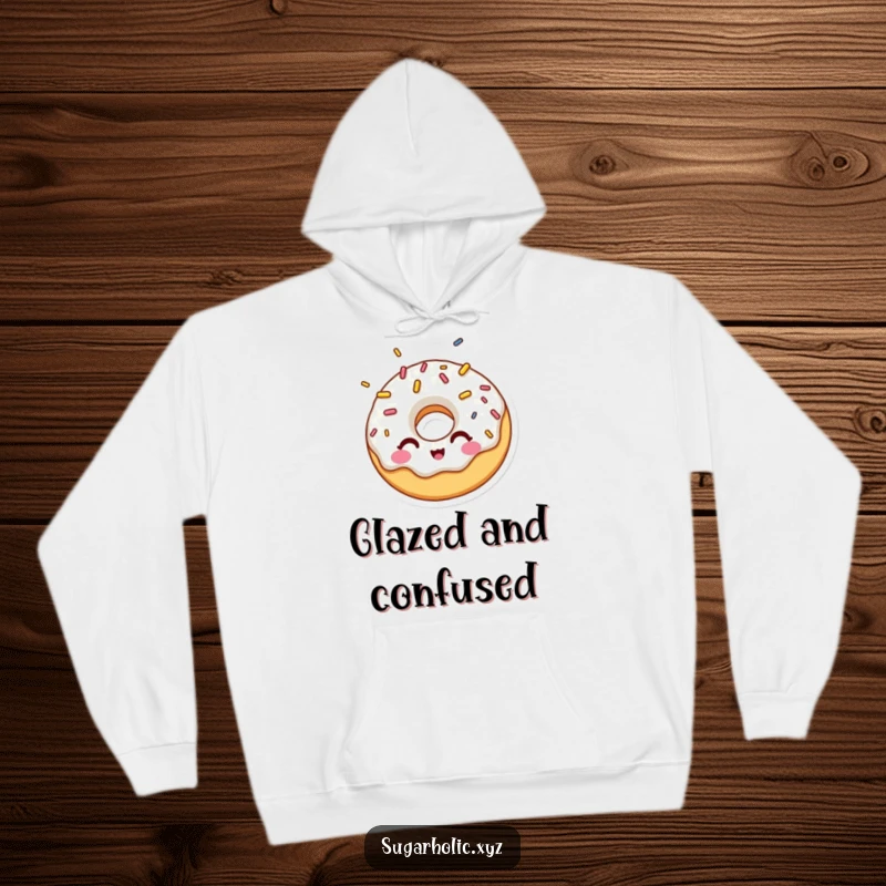 Funny hoodie showcasing a surprised donut character winking playfully surrounded by a shower of colorful sprinkles.