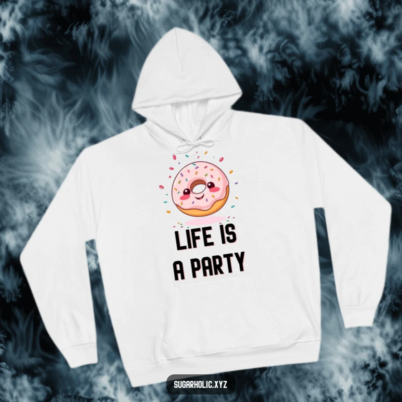 Funny giddy doughnut hoodie, with sprinkles flying around, a cozy and humorous gift for sweet treat enthusiasts.