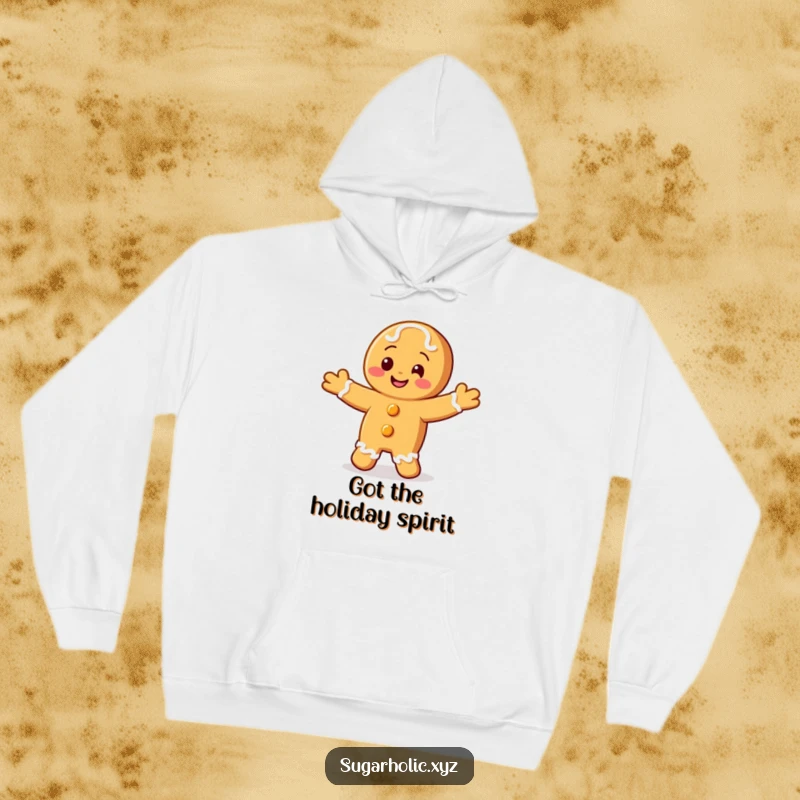 Funny hoodie featuring a smiling gingerbread cookie character in the middle of a happy jig.