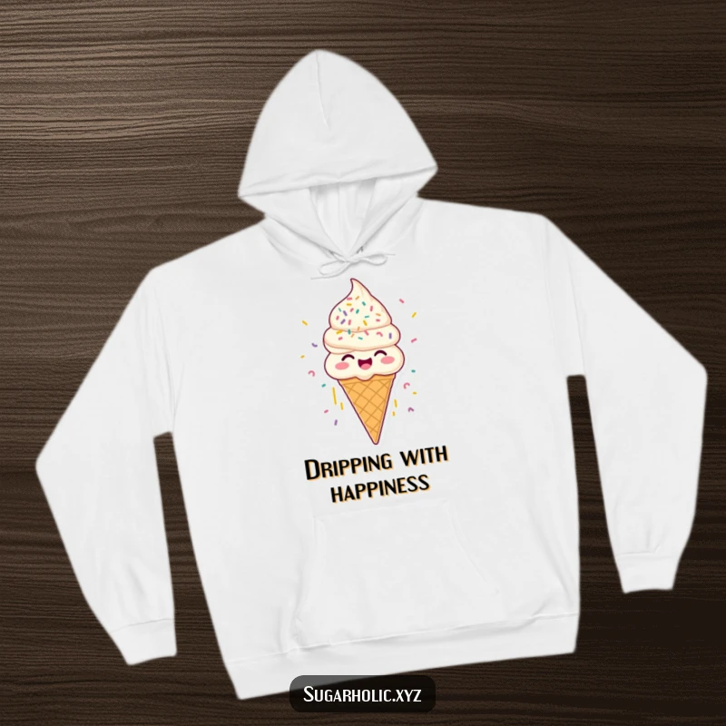 Funny joyous ice cream cone hoodie, with sprinkles raining down, a cozy and humorous gift for dessert lovers.