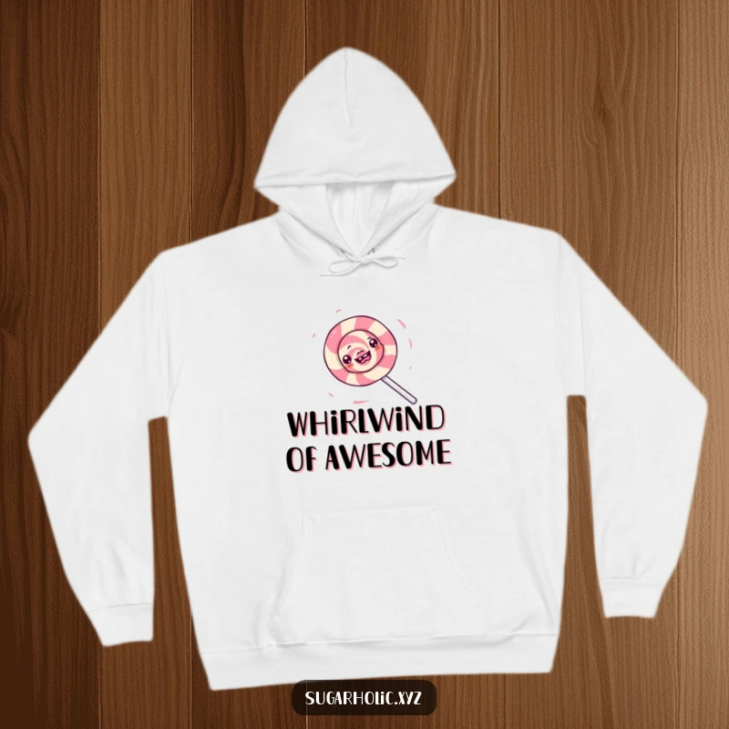 Funny hoodie showcasing a gleeful lollipop character spinning in a dynamic, sugary whirlwind, perfect for cozy fun.