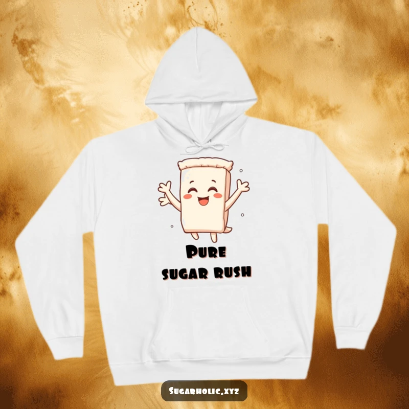 Funny hoodie featuring a smiling sugar packet character leaping joyfully, exuding sweet energy and happiness.