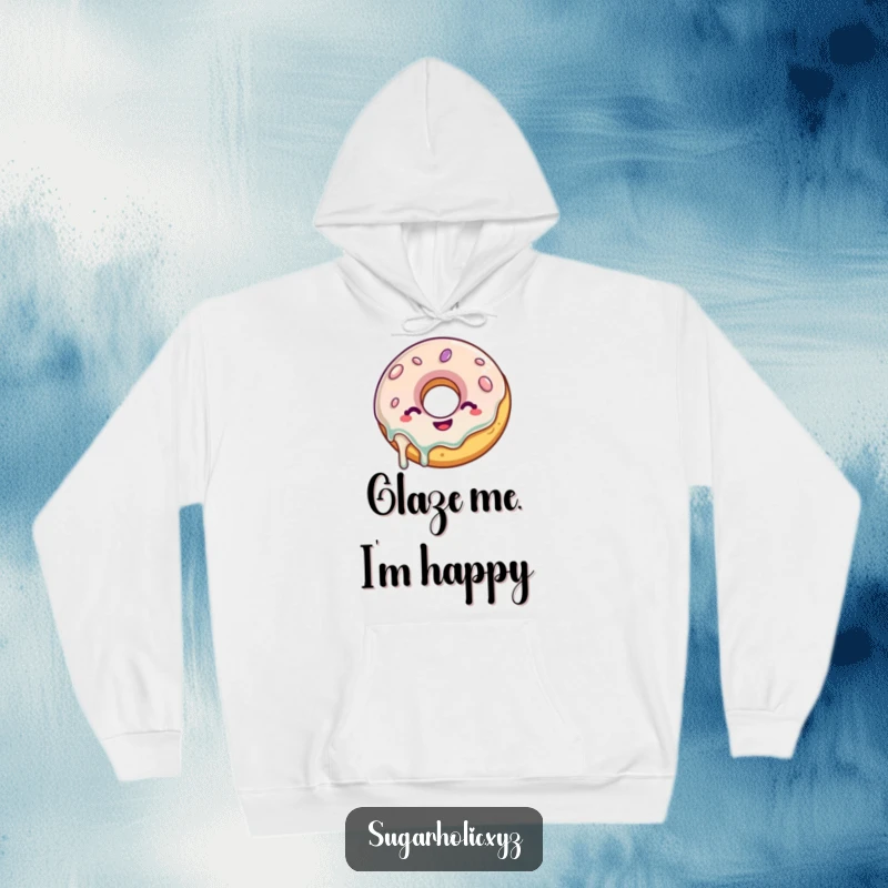 Funny Donut Hoodie: A delighted donut with a glaze drip wiggles with glee, offering warmth and humor in this cozy design.