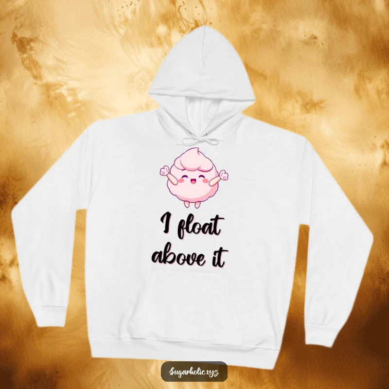 Funny hoodie featuring a gleeful candy floss character joyfully floating upwards, providing cozy, whimsical comfort.