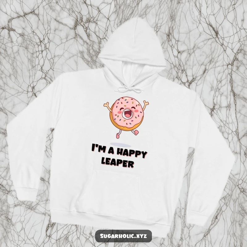 Funny jumping donut hoodie showcasing an ecstatic donut with colorful sprinkles, mid-joyful leap, offering cozy comfort and a sprinkle of humor.