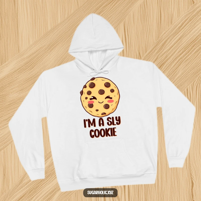 Funny winking cookie hoodie showcasing a delighted chocolate chip cookie giving a mischievous wink, offering cozy comfort with a hint of playful secret.
