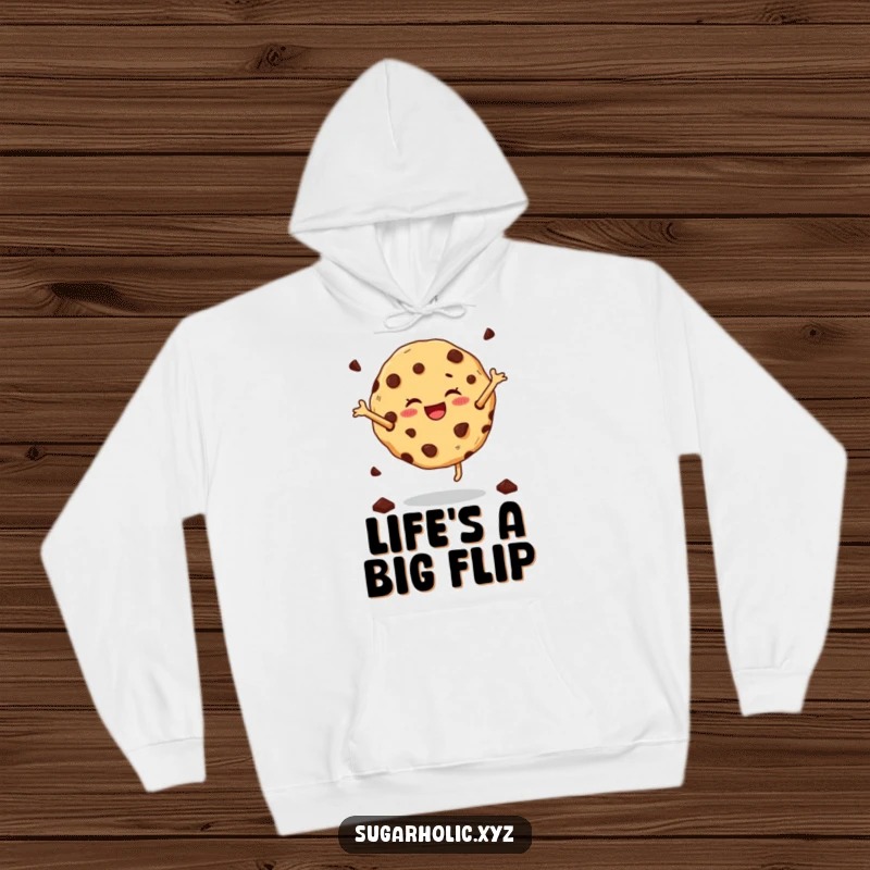 Funny cartwheeling cookie hoodie showing a joyful cookie with chocolate chips performing an energetic cartwheel, cozy and fun.