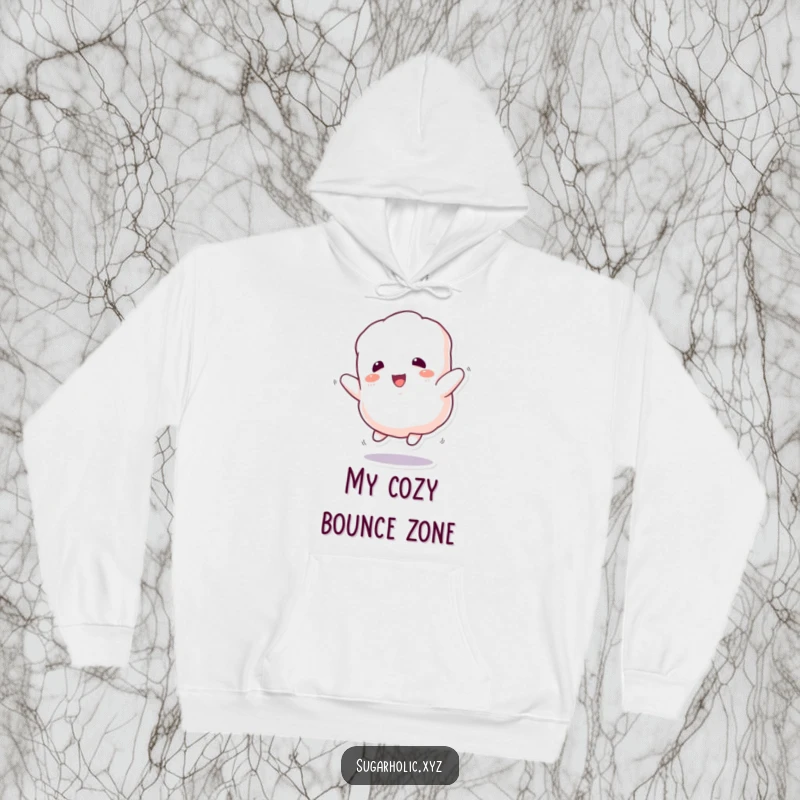Funny Hoodie: A soft, fluffy marshmallow character bounces energetically, perfect for cozying up.