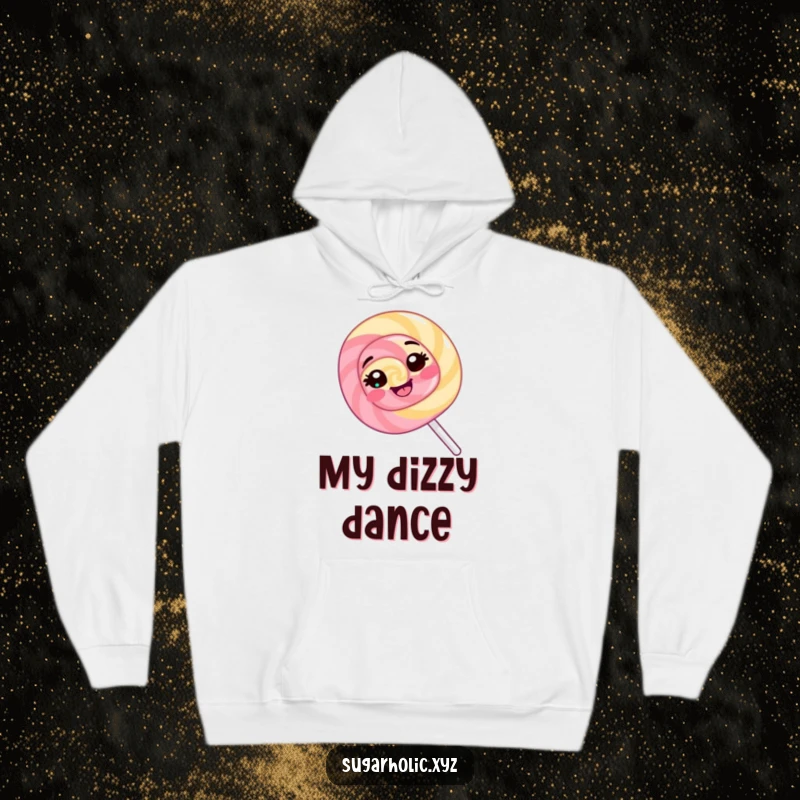 Funny Lollipop Hoodie: A giggling lollipop spins joyfully, offering warmth and humor in this fun graphic hoodie design.