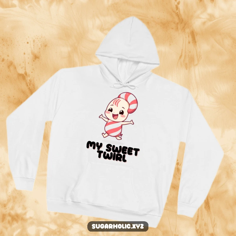 Funny grinning candy cane character doing a playful spin on a soft hoodie, embodying festive fun and warmth.