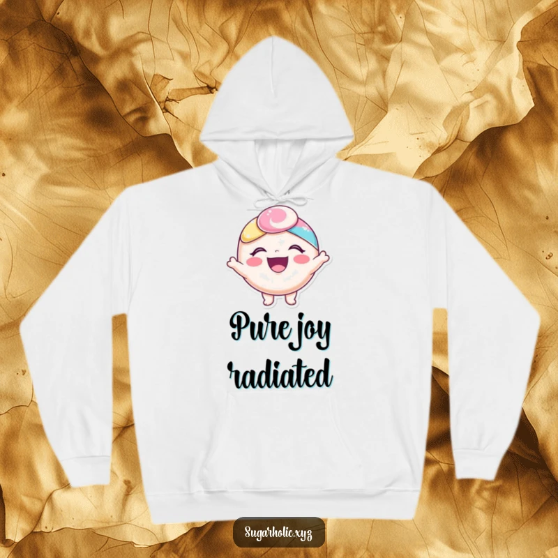 Funny hoodie featuring a happy candy character with a delighted expression, overflowing with pure, uncontainable joy.