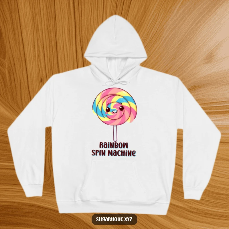Funny lollipop hoodie with a gleeful, rainbow-striped lollipop spinning rapidly. Comfortable design with a burst of color and fun.