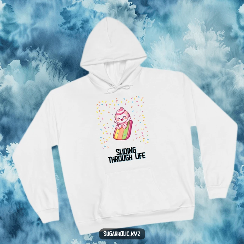 Funny Hoodie: Candy character gleefully slides down a vibrant rainbow sprinkle slide, offering cozy adventure and sweet vibes.