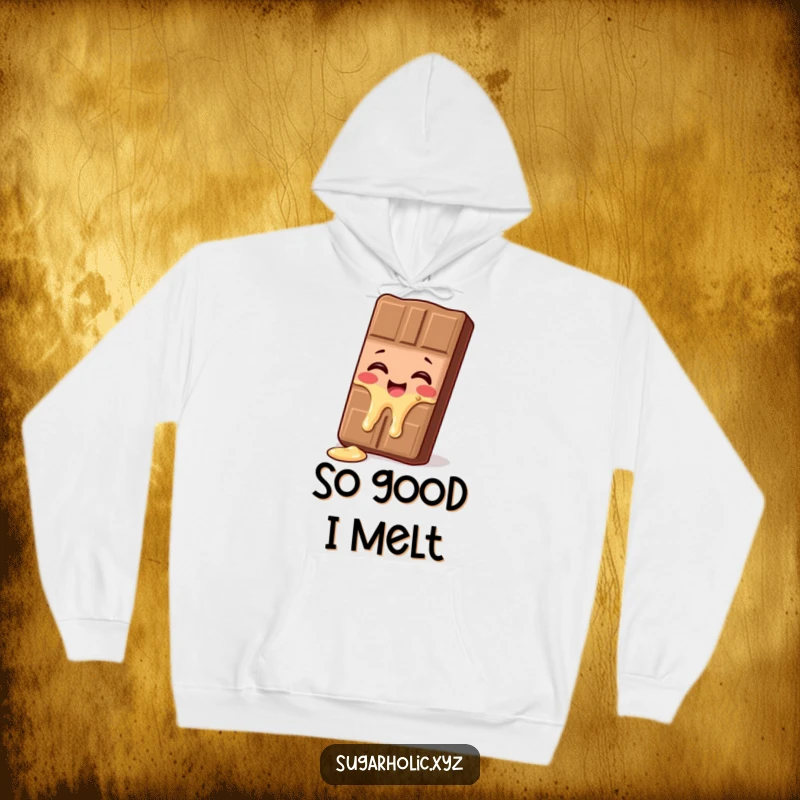 Funny melting chocolate bar hoodie, shown giggling and in a state of delightful melt, a cozy and humorous apparel gift.
