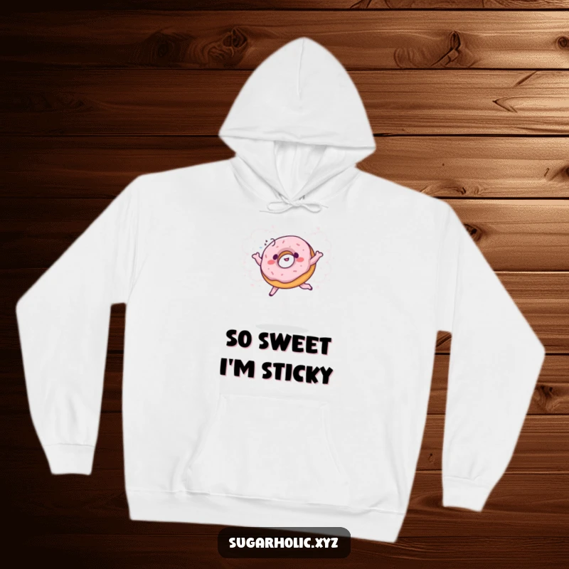 Funny donut hoodie featuring a happy, giggling donut leaping into a sweet cloud of powdered sugar, perfect for cozy, humorous moments.
