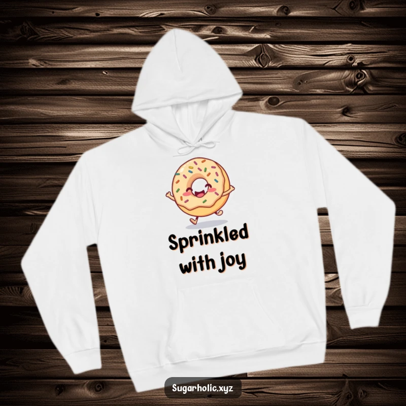 Funny donut hoodie with a smiling face and sprinkles, shown in a delightful hop, perfect for cozying up.