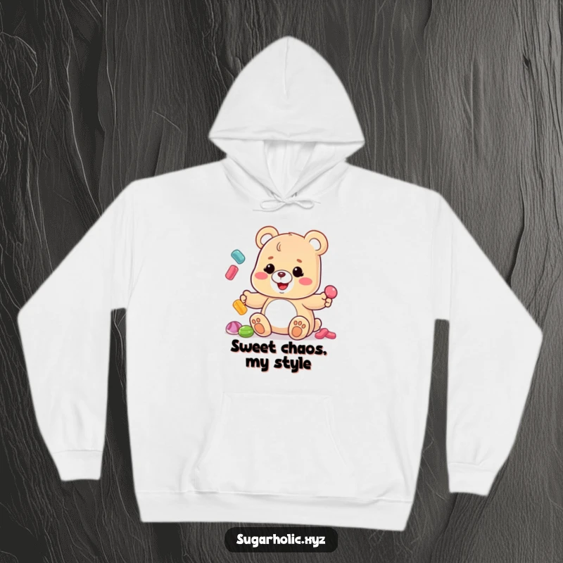 Funny Gummy Bear Hoodie: A wobbly gummy bear with a sticky smile attempts to juggle an assortment of candies, radiating pure, silly joy.