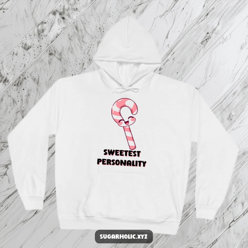 Funny candy cane hoodie with a slight bend, winking playfully, cozy and festive, great funny gift.