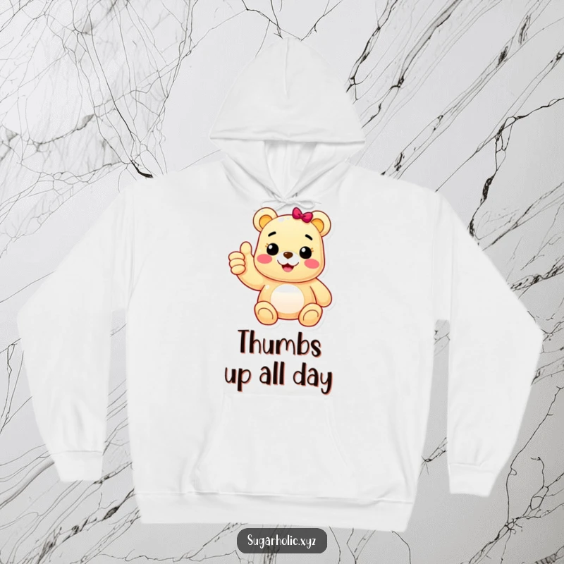 Funny hoodie adorned with a cheerful gummy bear character giving an enthusiastic thumbs up, offering cozy comfort and a dose of playful positivity.