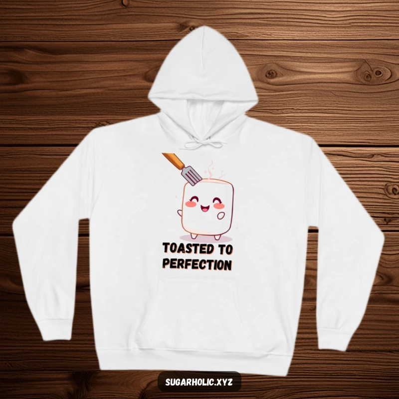Funny hoodie featuring a blushing marshmallow being toasted to perfection, offering cozy warmth and cheerful vibes.