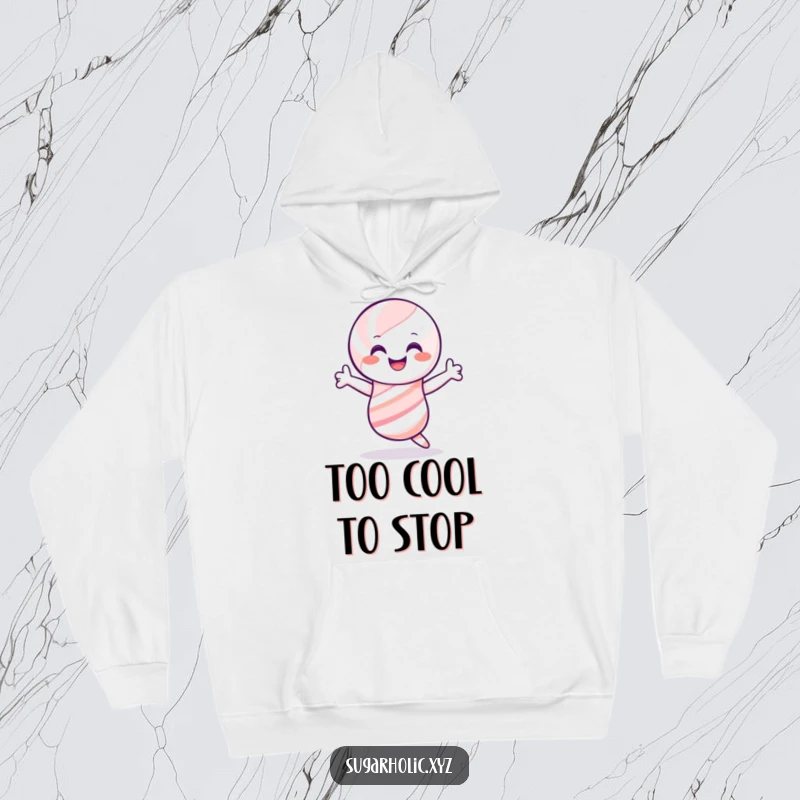 Funny candy cane hoodie, smiling and performing a joyful shimmy, a cozy and humorous gift for winter festivities.